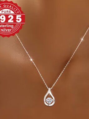 Necklace Floating Cubic Zirconia Raindrop Setting S925 Silver Hypoallergenic